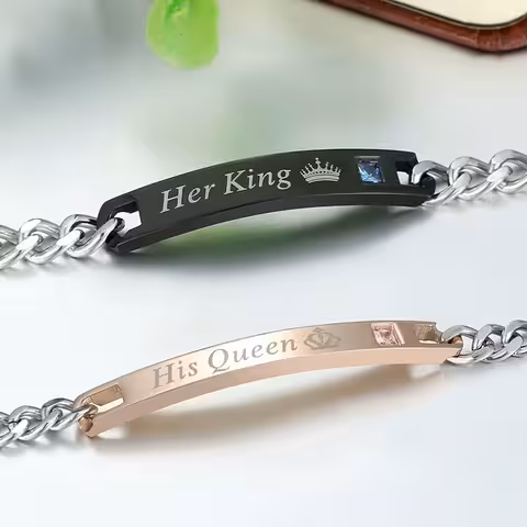Sada 2 náramků pro páry Her King & His Queen – gravírovatelná ocel pro zamilované, on a ona