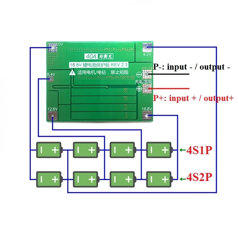 Schéma zapojení modulu BMS 4S 40A Elektrické schéma montáže modulu BMS 4S 40A pro Li-ion baterie