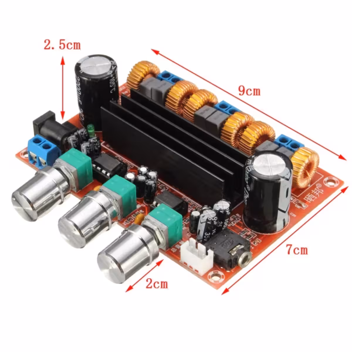 Detailní pohled na tlačítka hlasitosti a tónu na modulu XH-M139