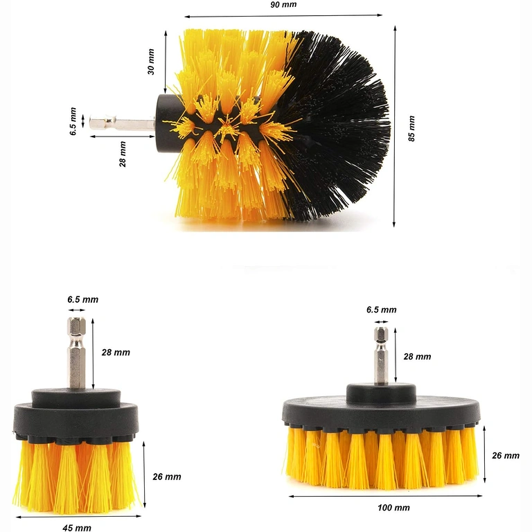 Obrázek 3 kartáčů a jejich rozměry: 12 cm, 8,5 cm, 5 cm