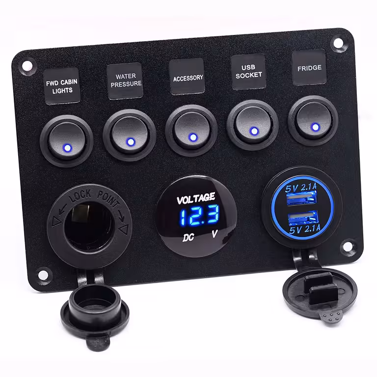 Auto přepínačový panel 5 tlačítek ON/OFF s voltmetrem, zásuvkou a USB nabíječkou – 12V/24V, IP65