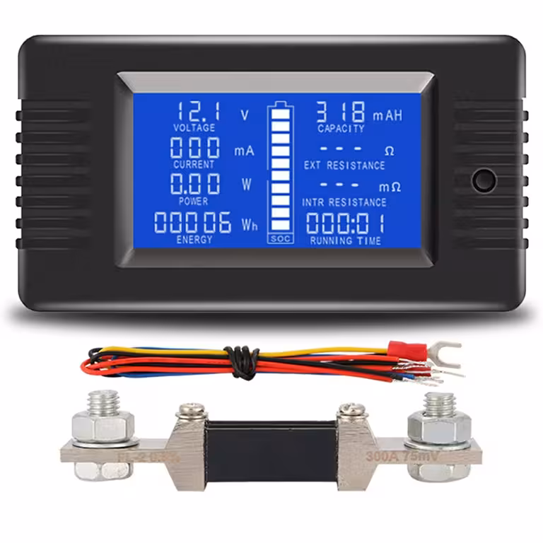 Solární DC měřič 0–200V 100A/300A – voltmetr ampérmetr pro fotovoltaické panely s LCD displejem