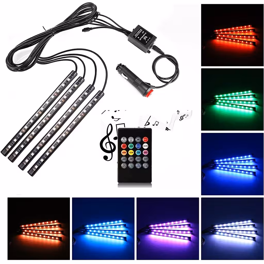 Ambientní LED osvětlení do auta – RGB pásky sady s audio senzorem pro interiér vozu