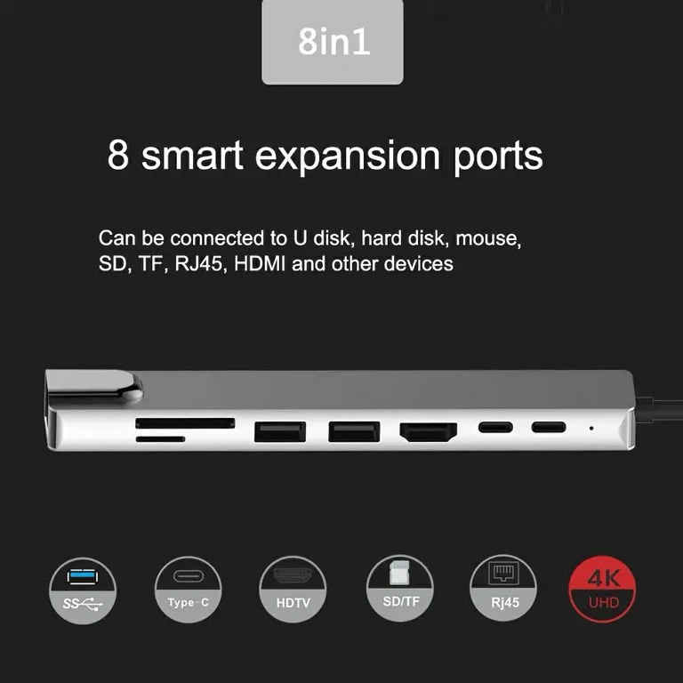 Docking station 8 v 1 s HDMI, RJ45, USB a čtečkou karet