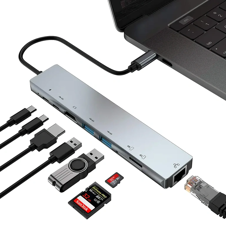 USB-C adaptér s HDMI, RJ45, USB a čtečkou karet pro notebooky