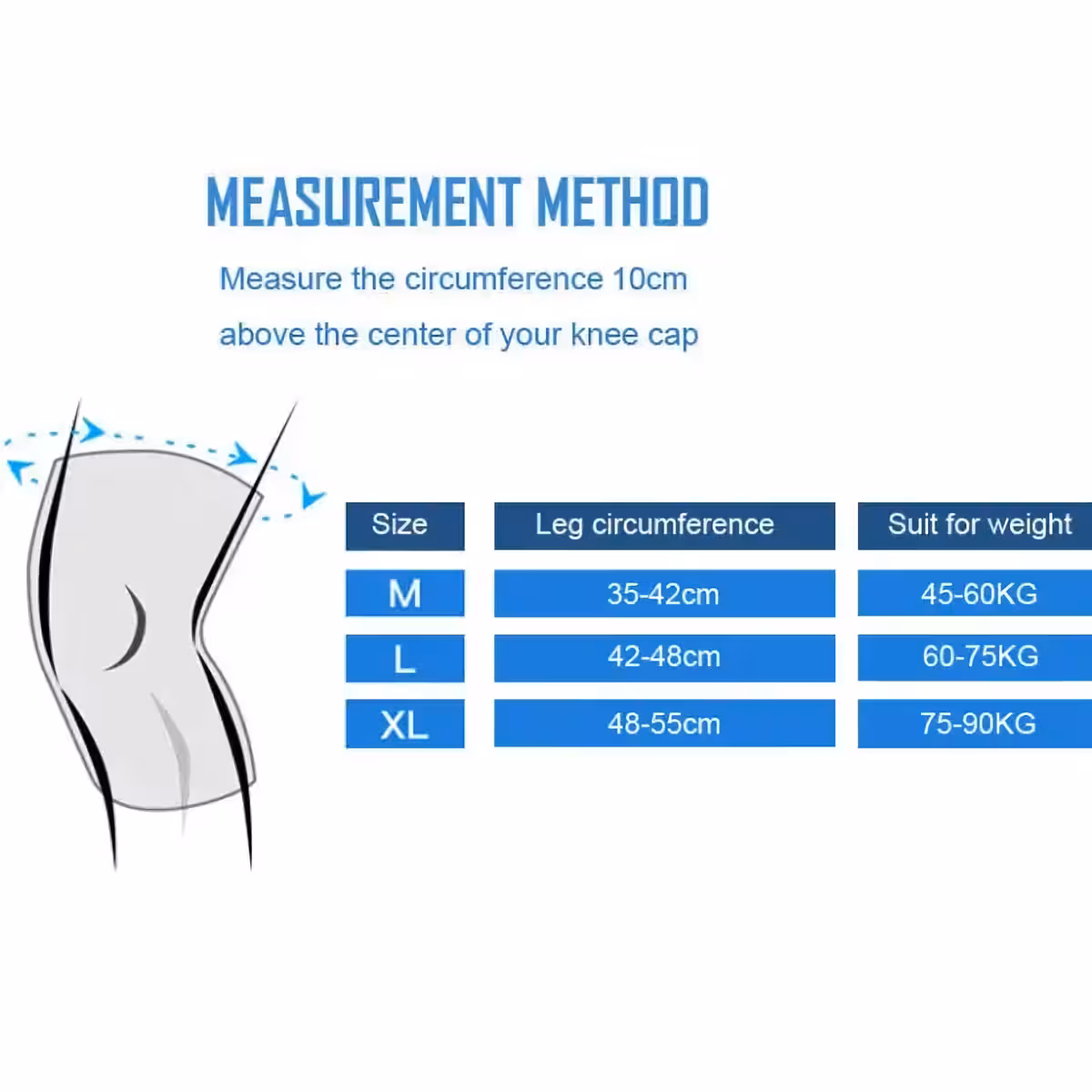 Kolenní bandáž dostupná ve velikostech M, L a XL, vhodná pro různé obvody