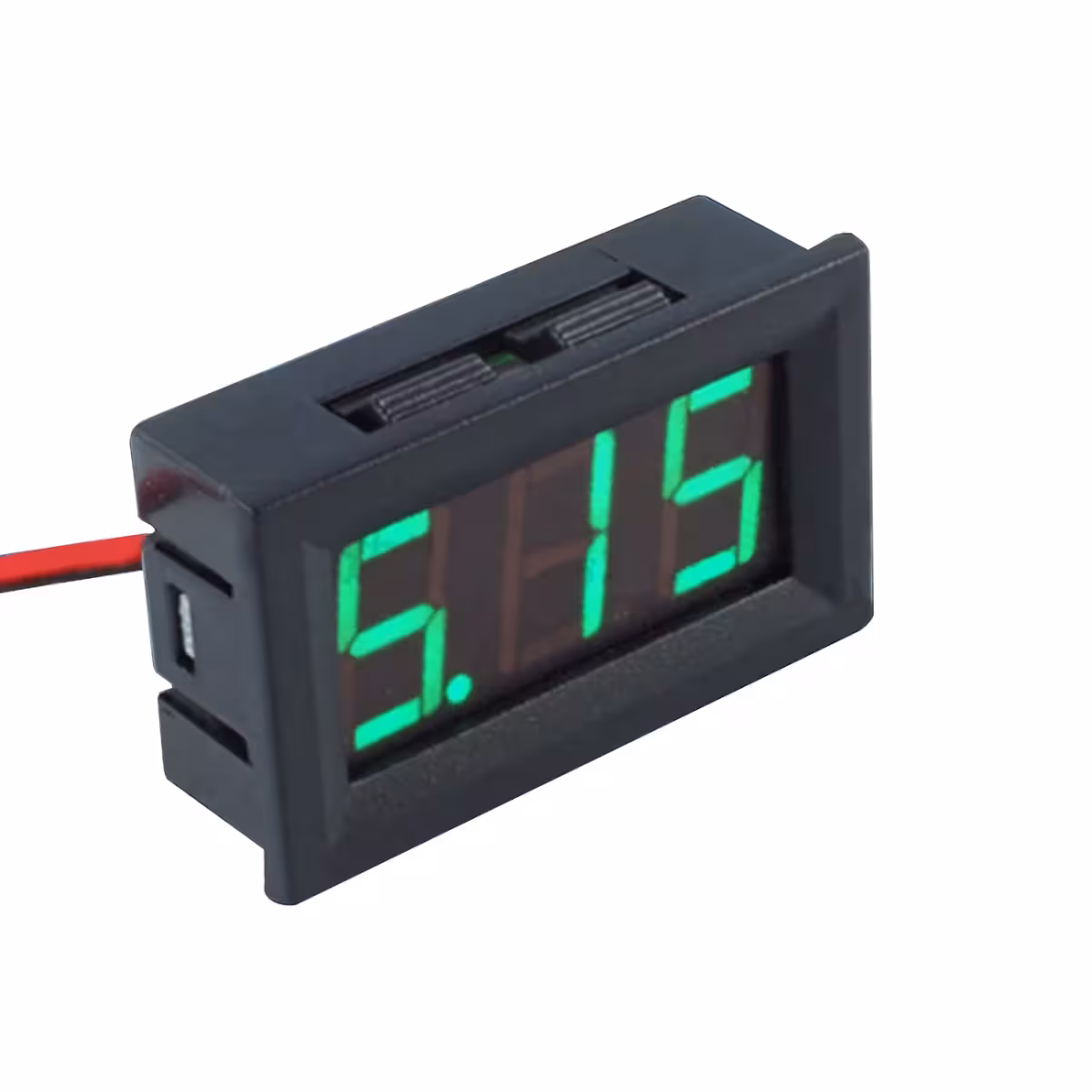 Detailní pohled na zadní část digitálního panelového voltmetru 5V-120V, viditelné připojení a komponenty