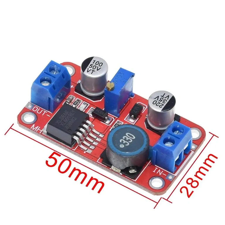 Rozměry XL6019 DC-DC Boost Converter: 50 mm x 28 mm x 13 mm, ideální pro integraci do projektů