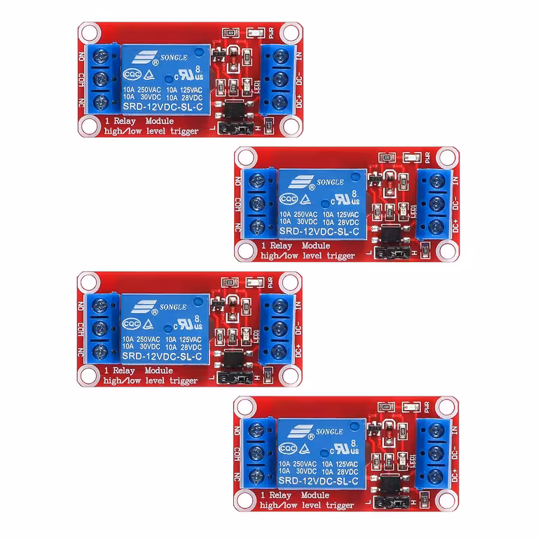 Sada 4 ks: Řídicí Relé 5V / 12V s Optočlenem – 1 Kanál Modul, NC/NO, Trigger High/Low, 10A