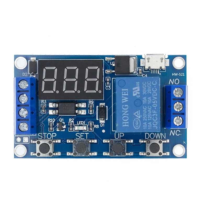 Celkový pohled na modul relé s časovačem 6–30V