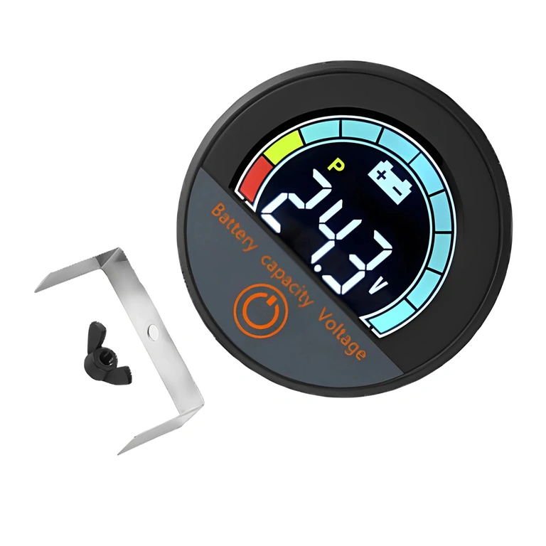 Přední pohled digitálního modulu s displejem procenta baterie a voltmetru, Li-ion a LiFePO4, 12V–72V, pro bicykly, koloběžky a elektrické skútry