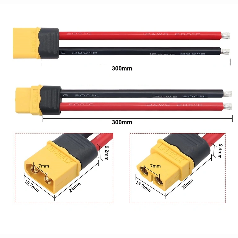 Nákres rozměrů konektoru XT60 samice a samec