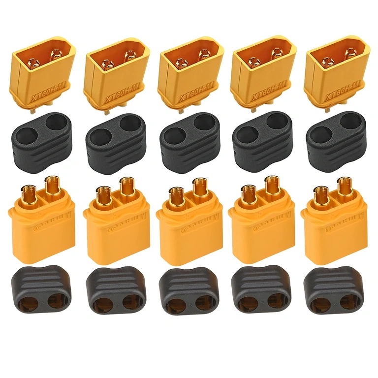 Horní pohled na sadu 5 konektorů XT60H, zobrazení pozlacených kontaktů